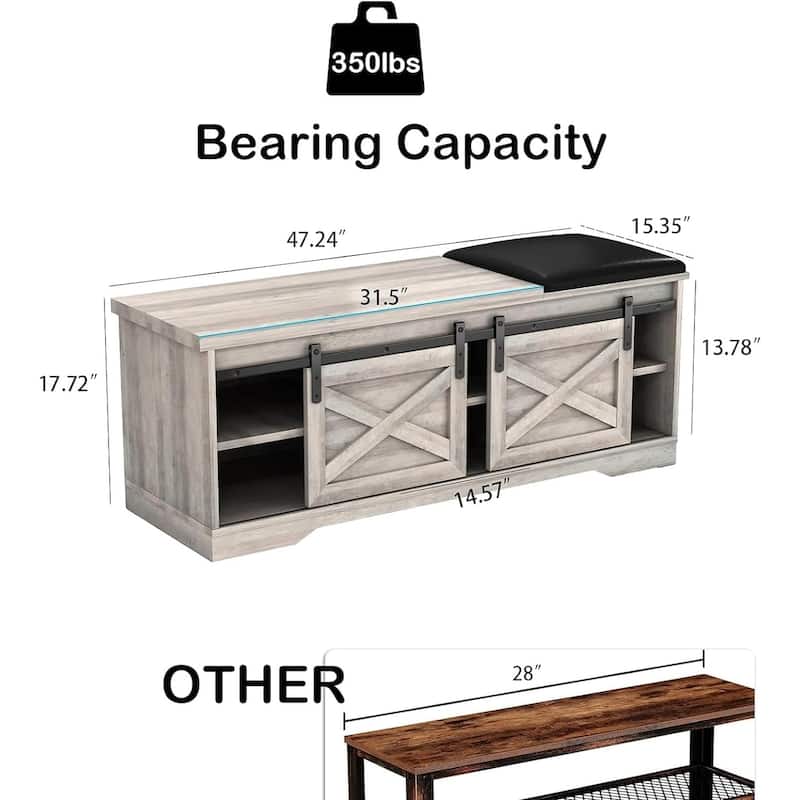 47" Farmhouse Entryway Shoe Bench with Thickened Cushion