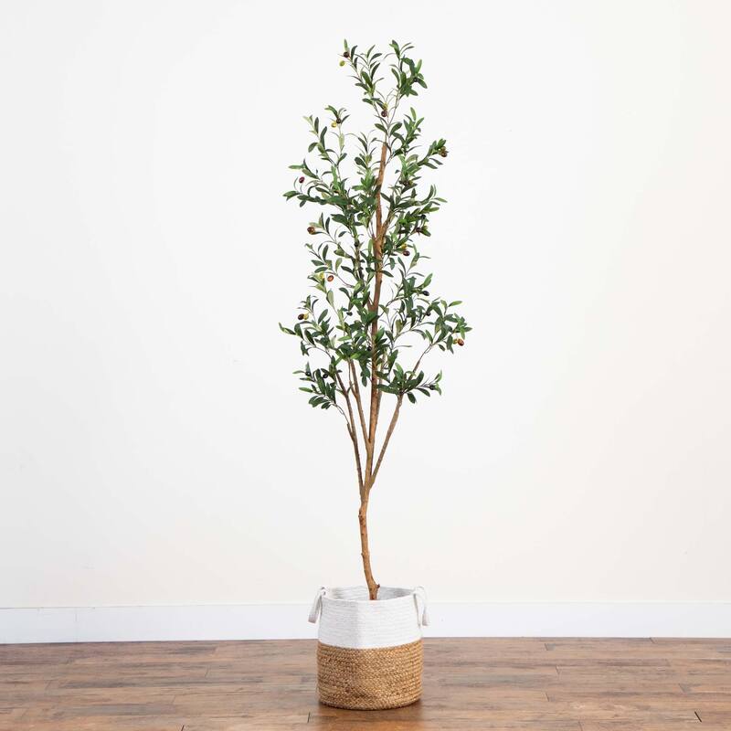 Potted Artificial Olive Tree with Handmade Jute Planter - 7' - Green