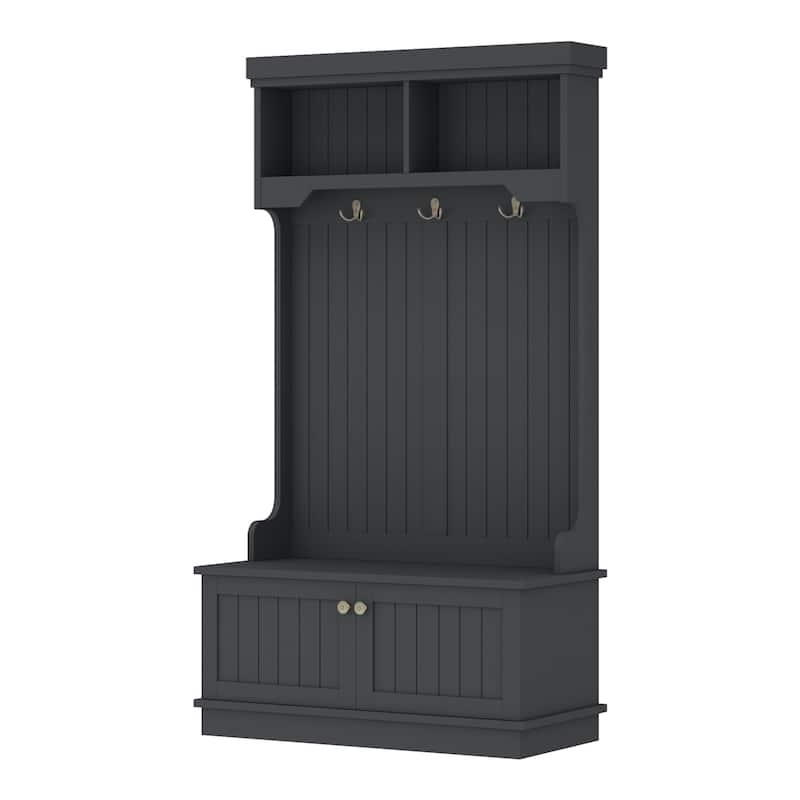 GDFStudio - Cherry Hall Tree with Shoe Bench, Coat Hooks and Display Shelves - 4-in-1 Entryway Organizer