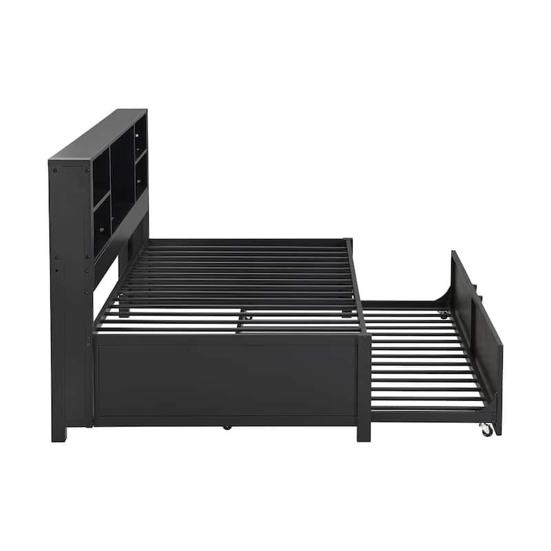 Twin Size Metal Daybed with Twin Size Trundle, Storage Shelves and USB Ports
