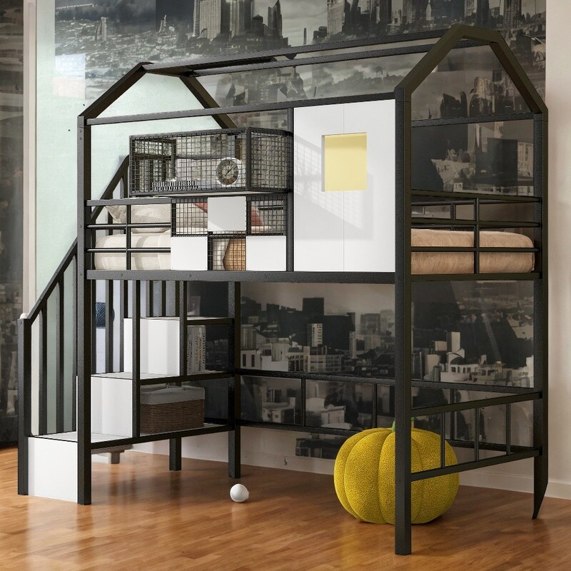 Stylish Metal Loft Bed with Space Saving Option with A Bottom Nook Roof Design with Ladder and A Storage Box Twin Pink Bed Bath Beyond 39700061