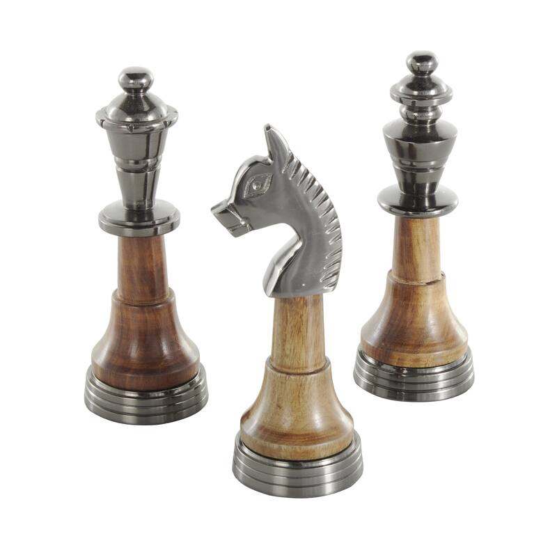 Aluminum Metal Chess Decorative Sculpture with Mango Wood Center - Set of 3 Silver or Dark Gray - Roche River Decor