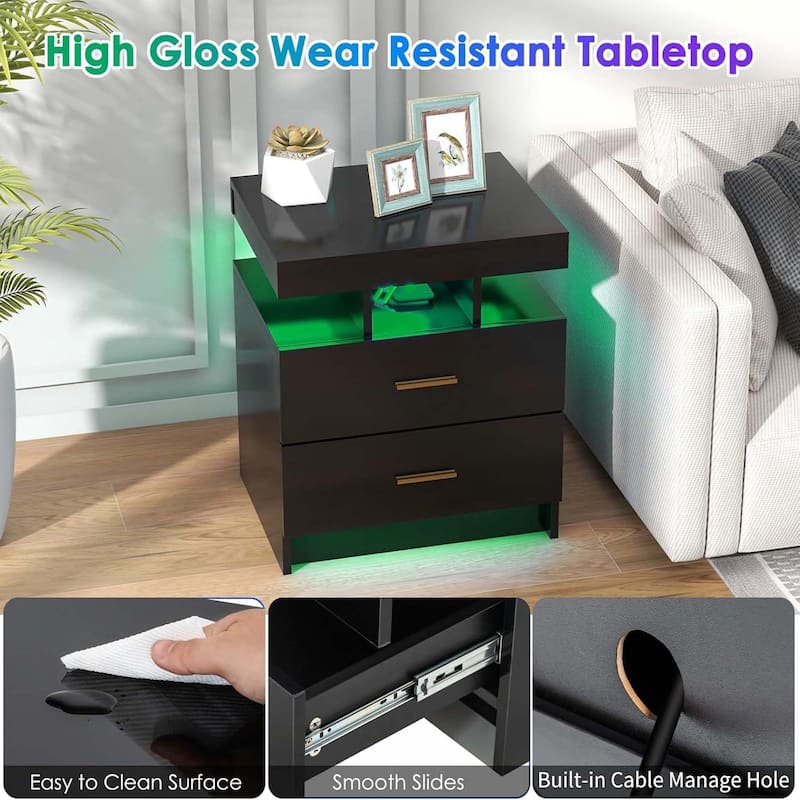 1/2PCS LED Nightstand w/ 2 Drawers Adjustable Light Remote Control