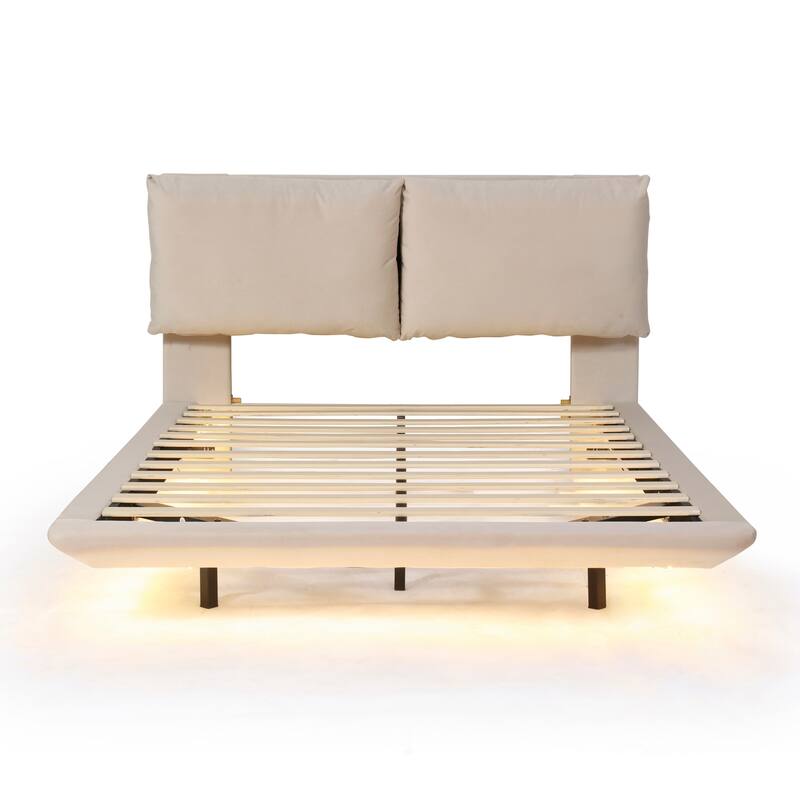 Queen Velvet Floating Platform Bed with Sensor Light