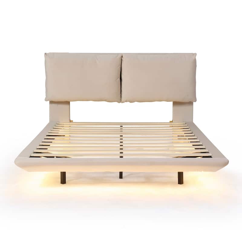 Stylish Full/Queen Size Upholstered Bed with Sensor Light, 2 USB Ports and Sockets, Velvet Fabric, and Floating Design