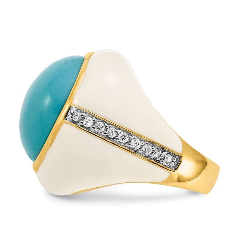 Curata Gold Plated 925 Sterling Silver Wht Enam Simulated Turquoise and Cubic Zirconia Ring