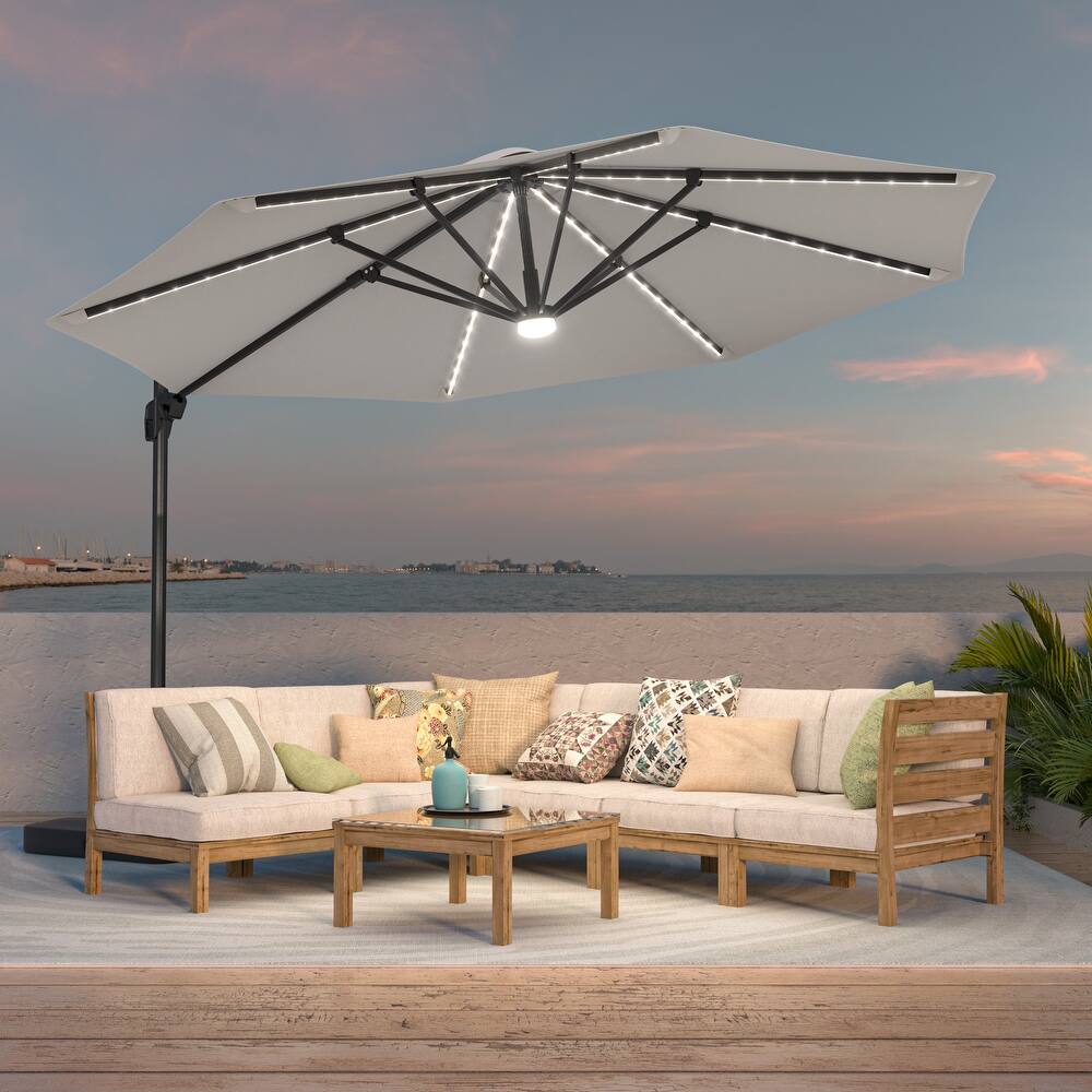BONOSUKI 11ft LED Aluminum Patio Cantilever Offset Umbrella with Base