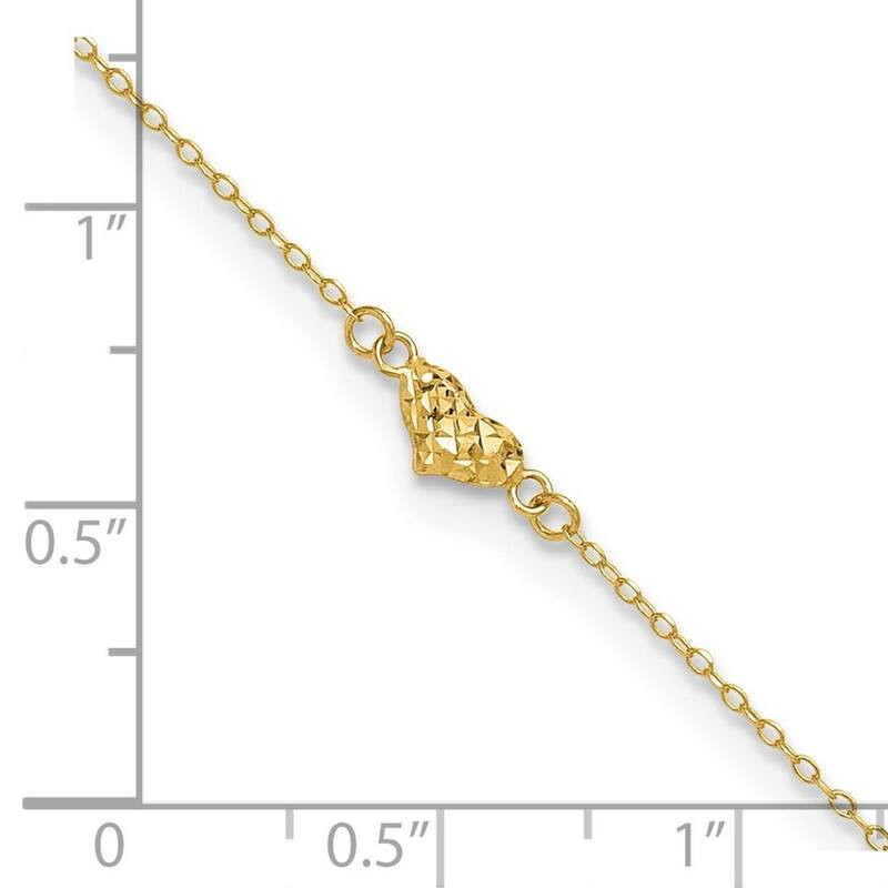 Curata Women's 14k Polished Sparkle-Cut Triple Puffed Hearts Anklet - 9 + 1 Inch