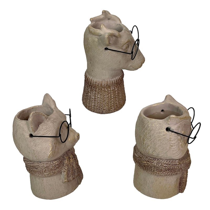 Set Of 3 Bespectacled Animal Vases Fox Owl Deer Gold Accent Knit