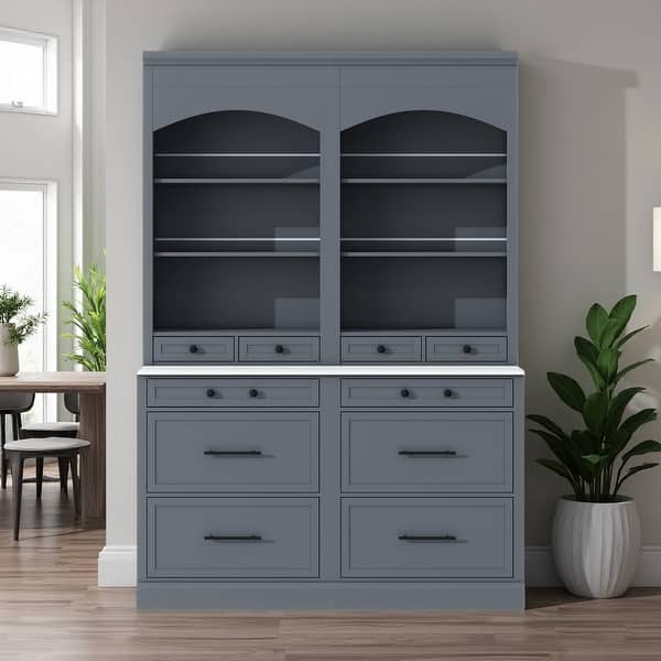 slide 2 of 18, 83.7" Modern Tall Pantry Cabinet Set of 2 with Faux Marble Tops & Drawers Gray