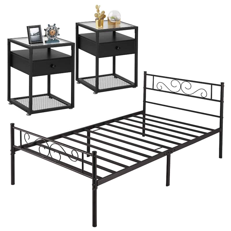 Tamika 3-pieces Metal Bed Frame Tempered Glass Nightstands Set - Black Nightstands - Twin