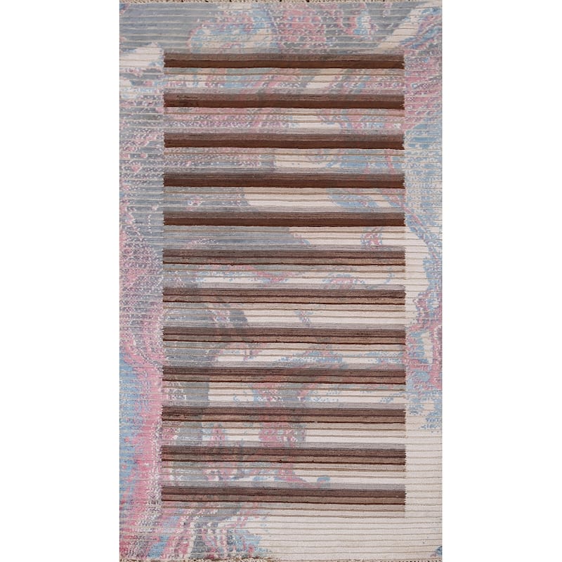 Striped Abstract Accent Rug Hand-Knotted Wool Carpet - 2'8" x 4'11"