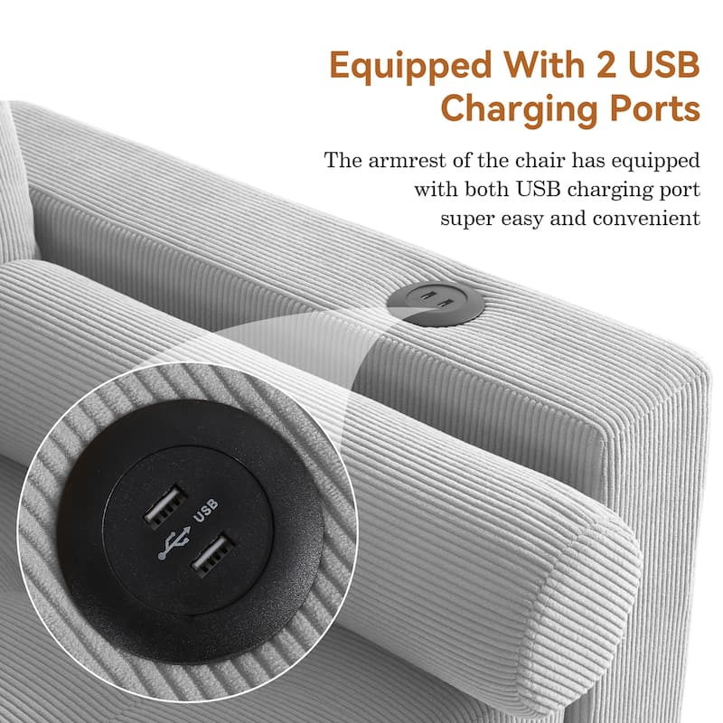 Corduroy Convertible Loveseat Sofa Bed Recliner with Cup Holder, USB Ports