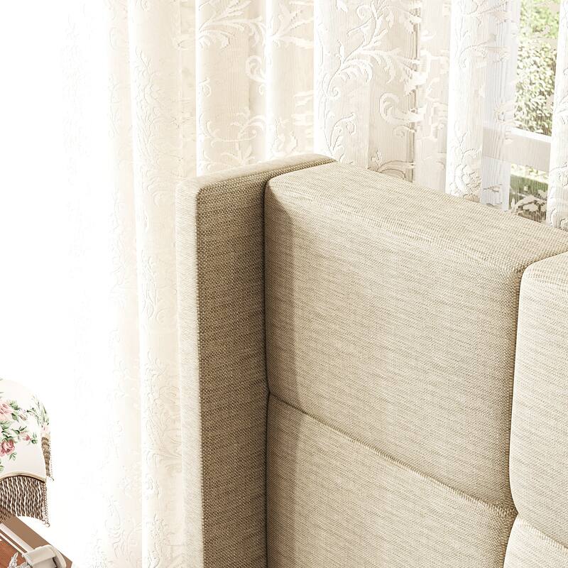 Farmhouse Queen Bed Frame Upholstered Button-Tufted Headboard Beige
