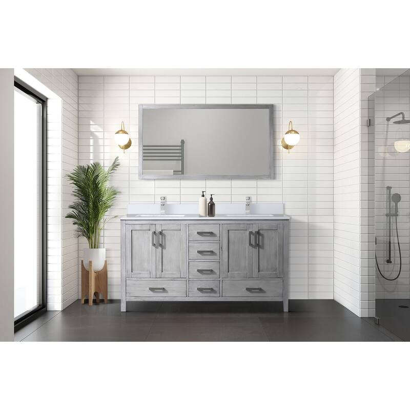 Jacques 60 in. W x 22 in. D Distressed Grey Double Bath Vanity, White Quartz Top, Faucet Set, and 58 in. Mirror