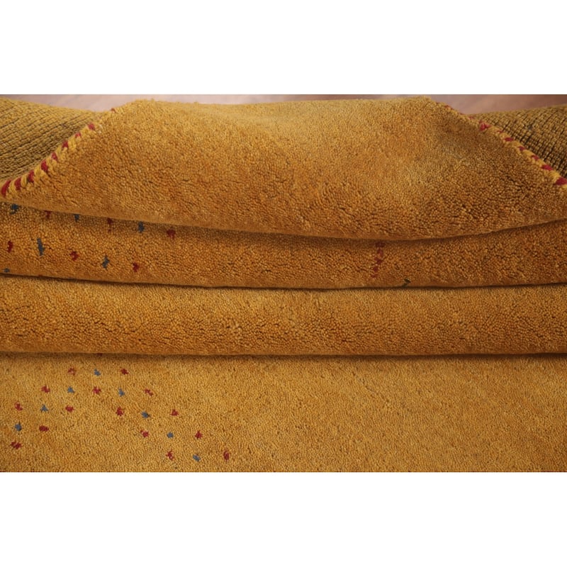 Tribal Gabbeh Area Rug Hand-Knotted Yellow Wool Carpet - 8'1"x 9'8"
