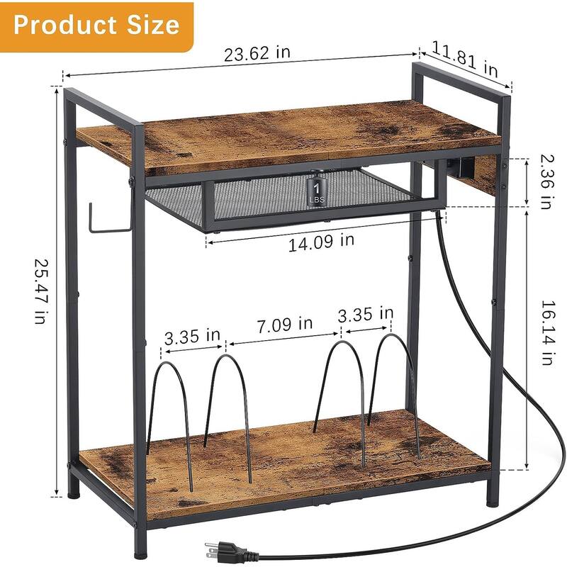 2 Tier Vinyl Record Player Table Stand with Charging Station