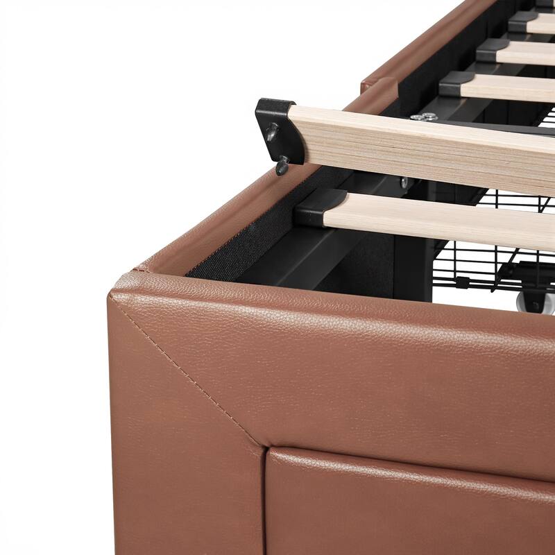 VECELO Bed Frame with Storage Drawers Leather Upholstered with Diamond Tufted Headboard Solid Wood Slat Support