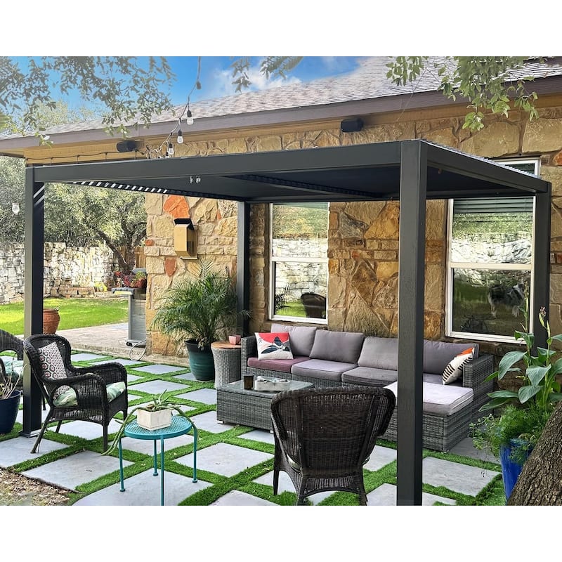 PURPLE LEAF Outdoor Louvered Pergola with Adjustable Metal Roof for Patio Pergola - 10' x 12' - Grey