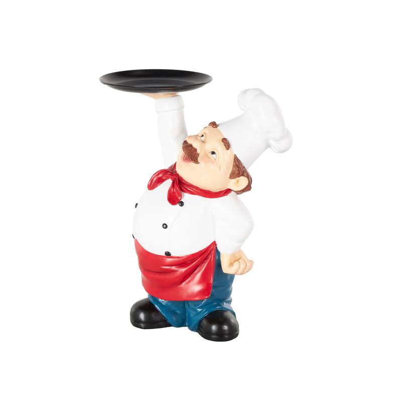 White Polystone Kitchen Decorative Figurine Chef Decorative Sculpture with Black Tray