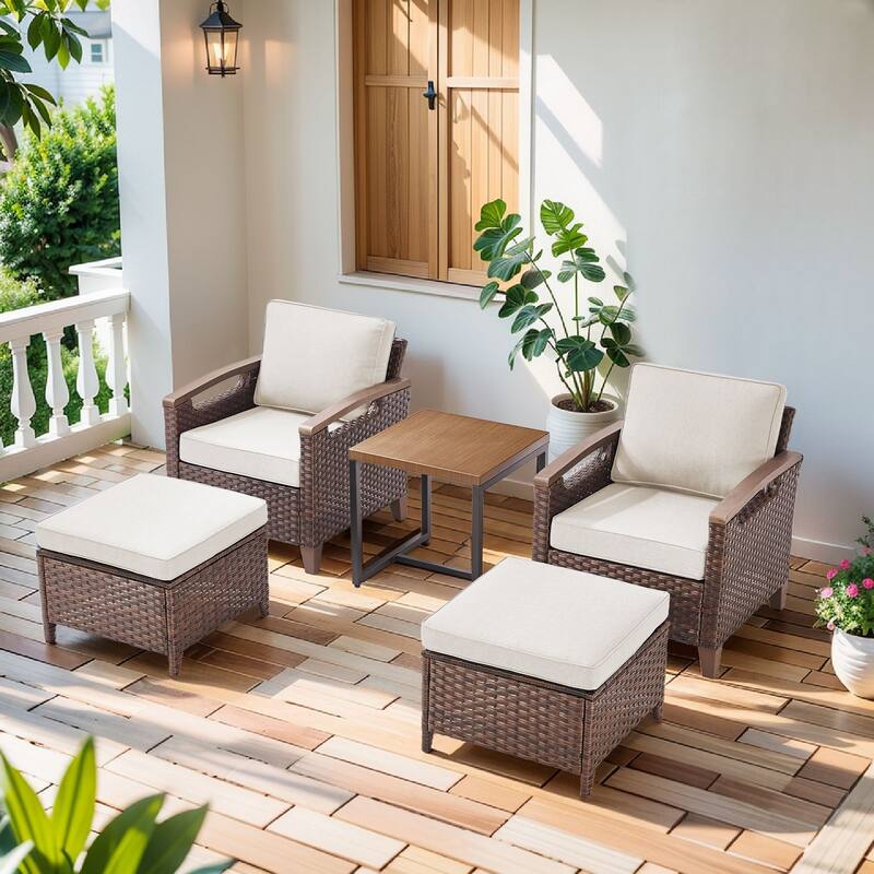 Pocassy Outdoor Club Chair with Cushion Set - Beige Cushion - Club Chairs Table with Ottoman Set