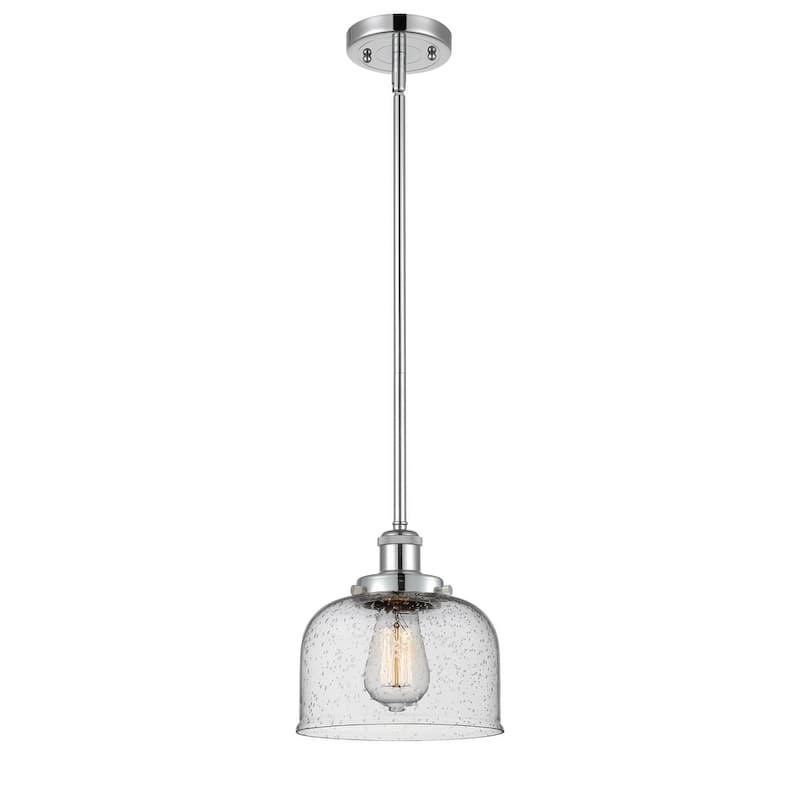 Innovations Lighting Large Bell 8" Wide Mini Pendant - Rod Hung - Polished Chrome / Seedy