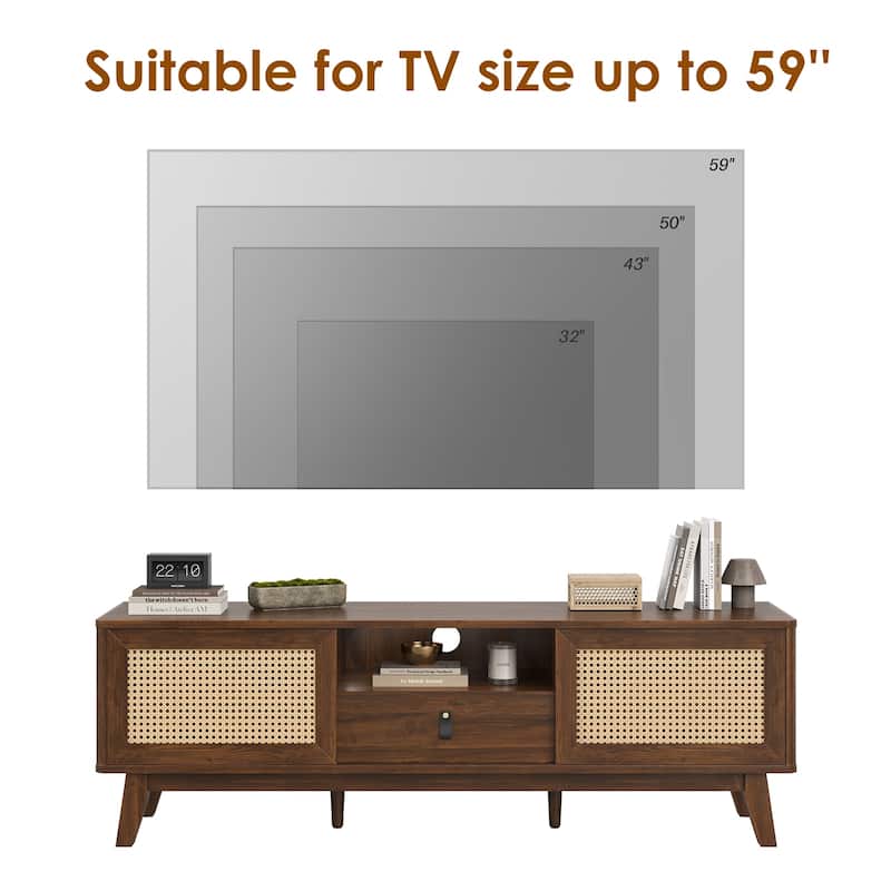 Rattan TV Stand TV Media Console with Drawer and Cabinets - Walnut