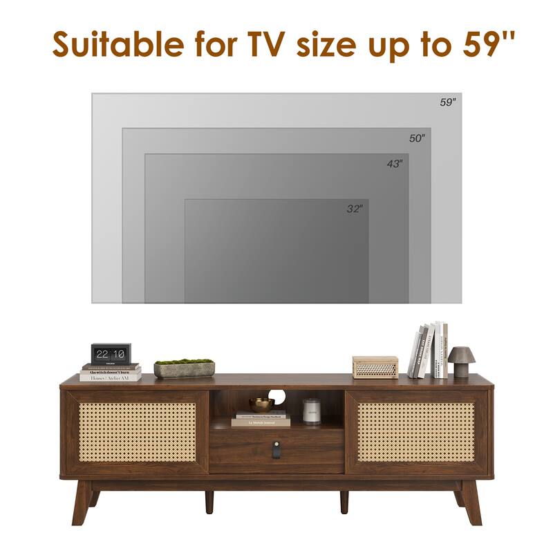 Rattan TV Stand for TVs, Wood TV Stand Mid Century Modern TV Stand TV Media Console with Drawer and 2 Cabinets