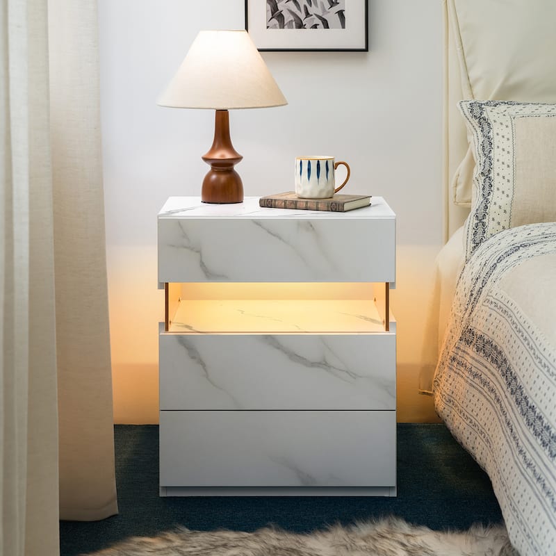 Rossetta Minimalist Stylish Design Nightstand with LED Lights and Storage Drawers - Stone White
