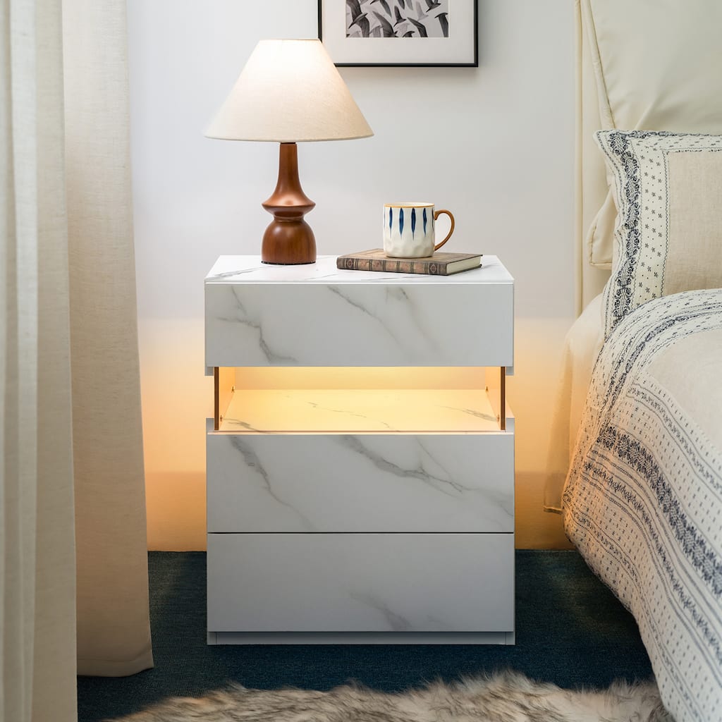 Rossetta Minimalist Stylish Design Nightstand with LED Lights and Storage Drawers
