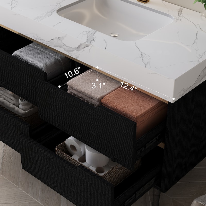 GDFStudio - Luxury 35.4" Versatile Floating/Freestanding Sintered Stone Bathroom Vanity with Ceramic Sink & Soft-Close Drawers