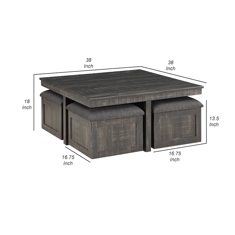 Mizo 5 Piece Coffee Table Set, 4 Nesting Storage Ottomans, Gray Oak Finish