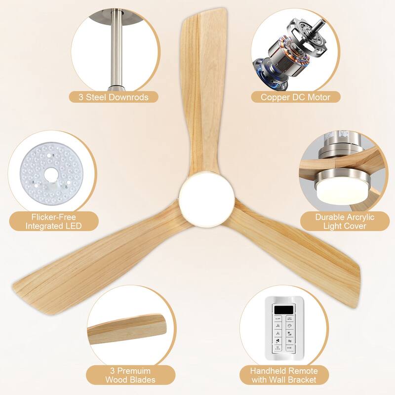 Sofucor 48/52 Inch Ceiling Fan with Light, Solid Wood Blades for Living Room, Bedroom,Smart Optional