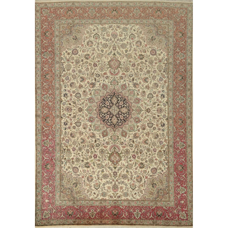 Hand Knotted Oriental 100% Wool Carpet Traditional Floral Beige & Ivories Tabriz Area Rug - 11' 9'' X 8' 2''