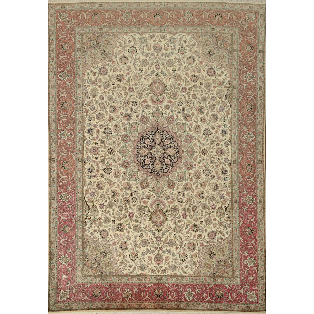 Hand Knotted Oriental 100% Wool Carpet Traditional Floral Beige & Ivories Tabriz Area Rug - 11' 9'' X 8' 2''