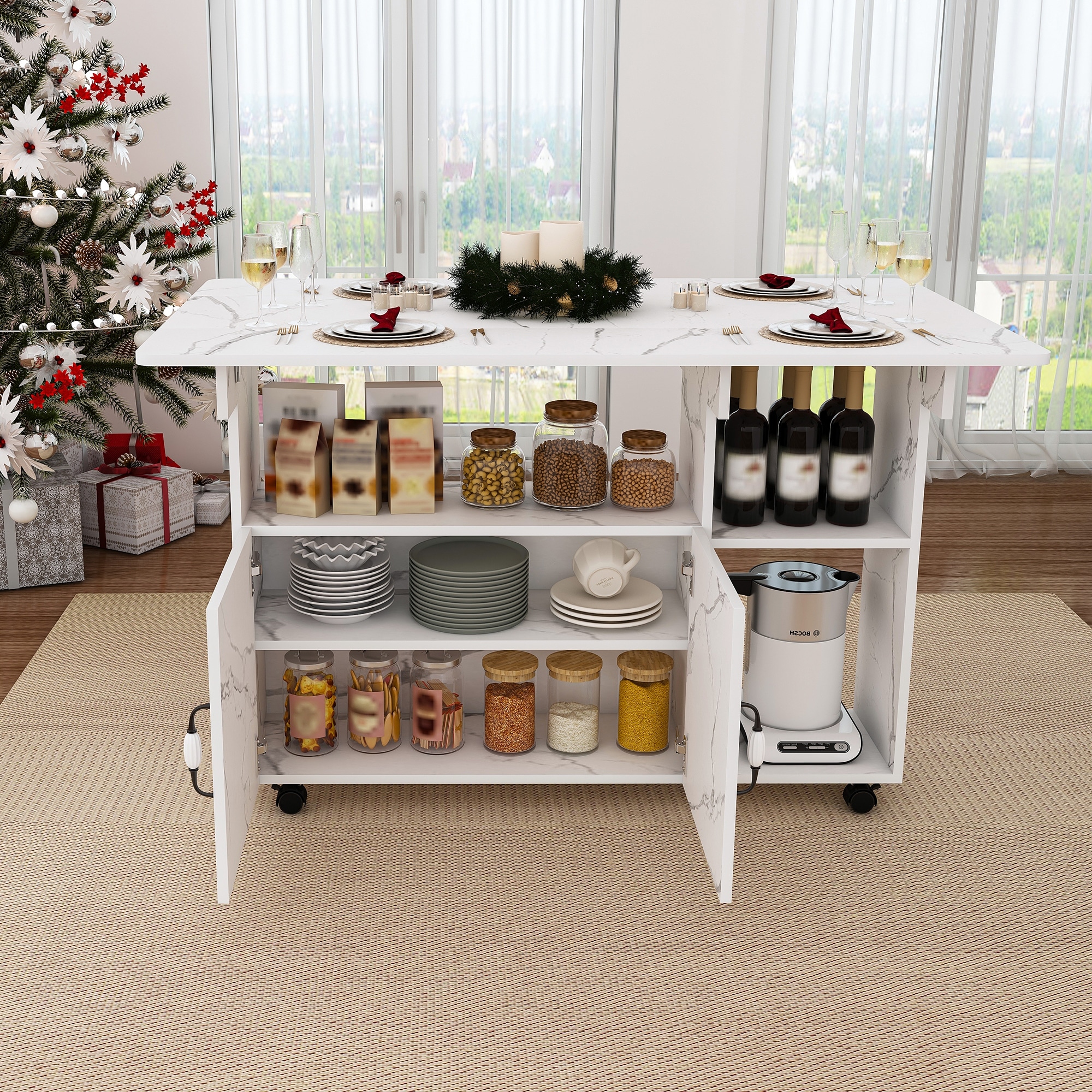 Multi-Functional Folding Table with Storage Shelves and Wheels, 47