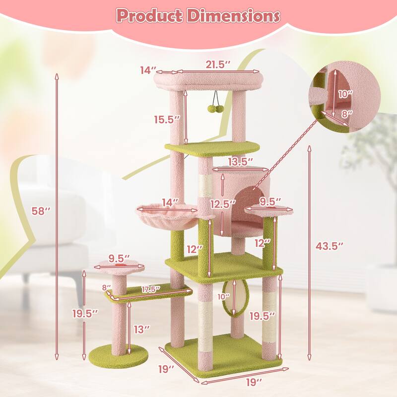 Pink Green 58 Inch Tall Flower Cat Tree with Hammock and Scratching Posts