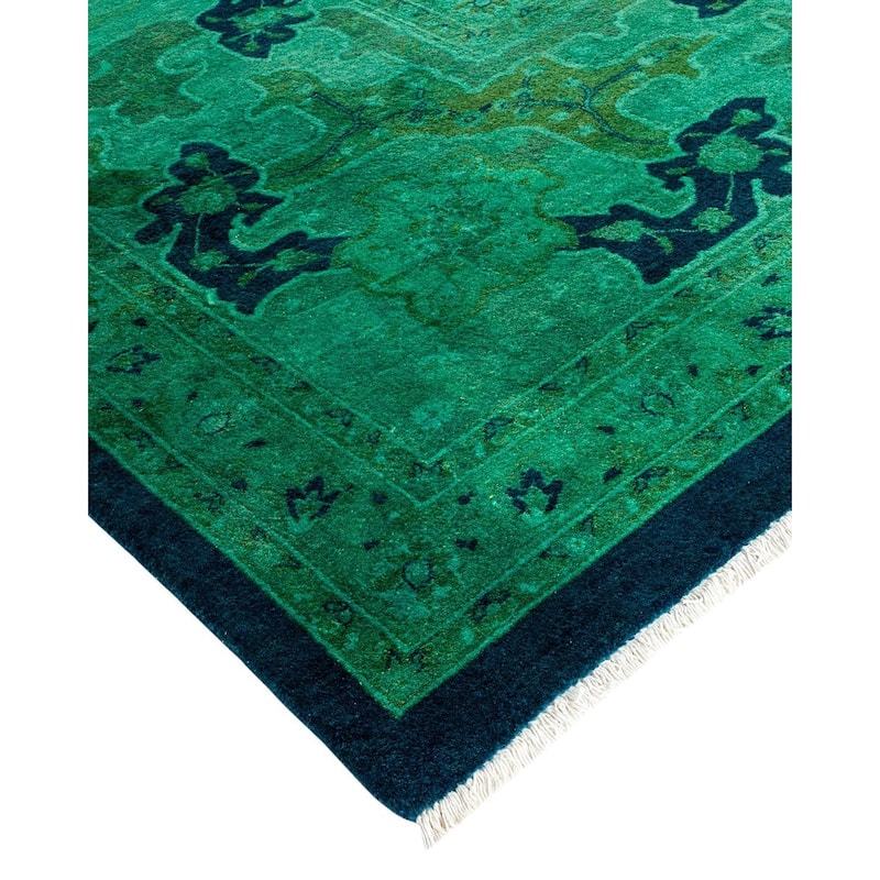 Overton Hand Knotted Wool Vintage Inspired Modern Contemporary Overdyed Green Area Rug - 10' 2" x 14' 4"