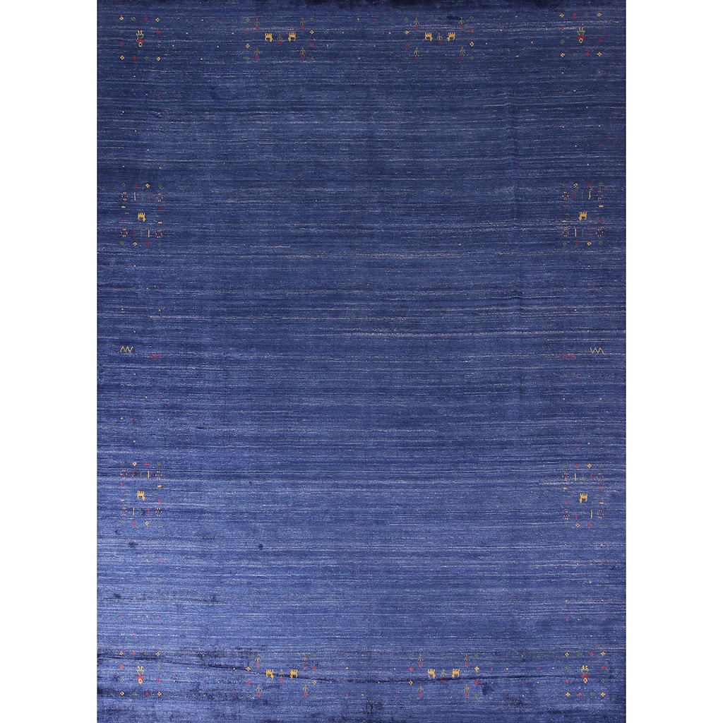 Blue Striped Gabbeh Oriental Area Rug Handmade Silk Carpet - 8'10" x 11'5"
