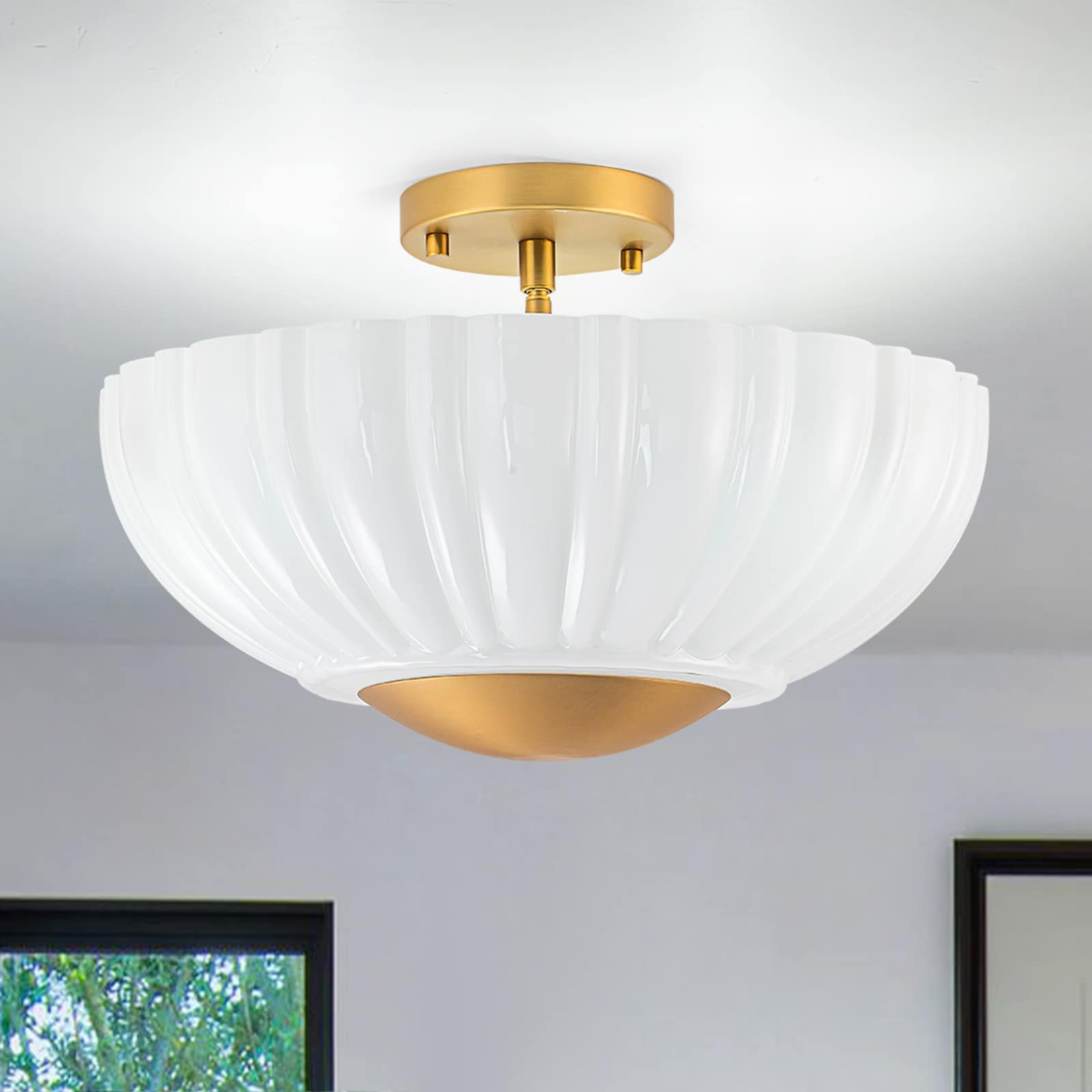 14.96'' Vintage Semi Flush Mount Ceiling Light with Milk Glass 4-Light Gold Modern Ceiling Light - 15"