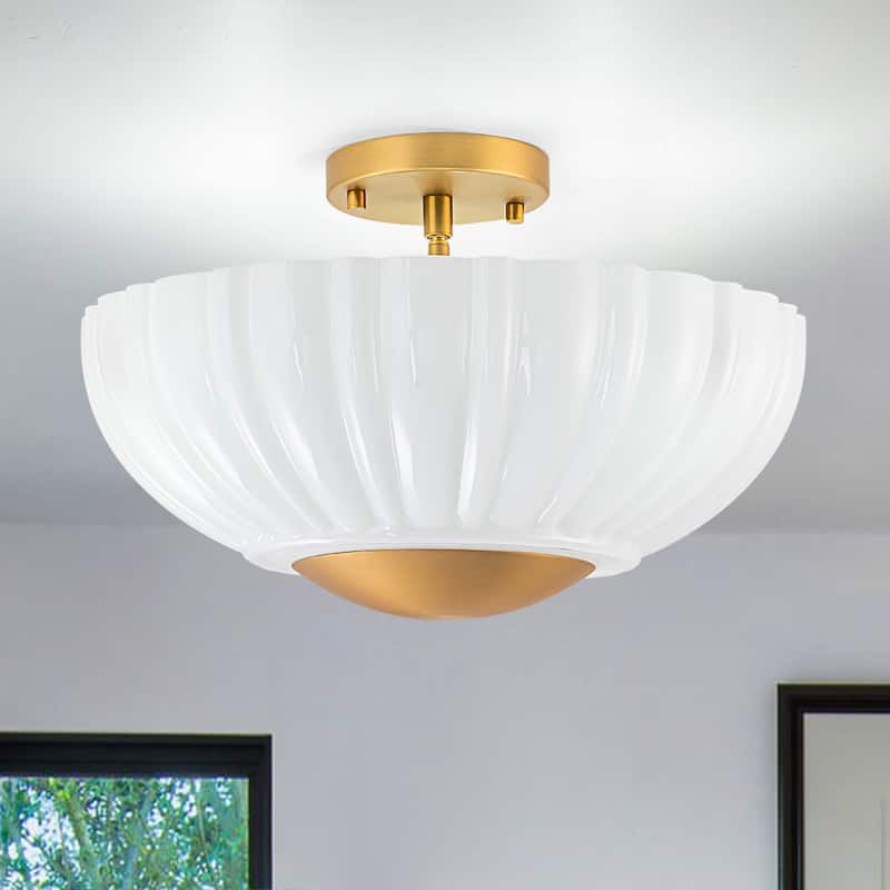 15'' in. W Brass Frosted White Glass Semi Flush Mount Ceiling Light - 15