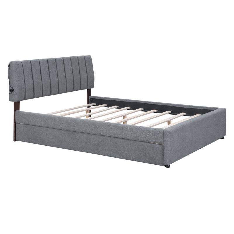 Queen Size Upholstered Platform Bed with Twin XL Trundle, Gray, Remote Control LED Lights, Durable Design