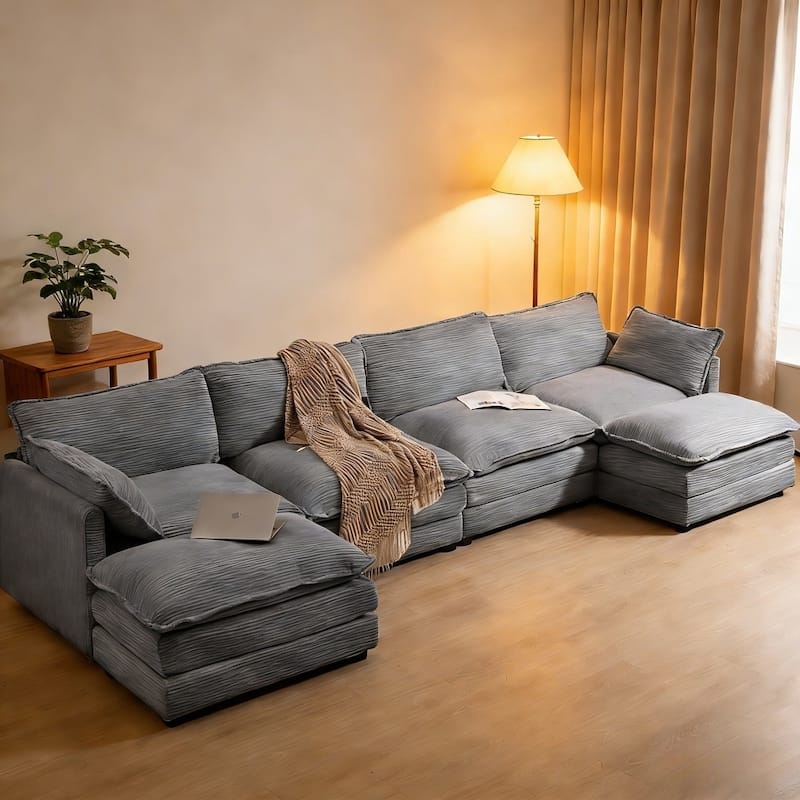 Oversized Modular Corduroy Sectional Sofa Set with Ottoman, 3-Seater / 4-Seater Deep Seat Lounge Couch for Living Room