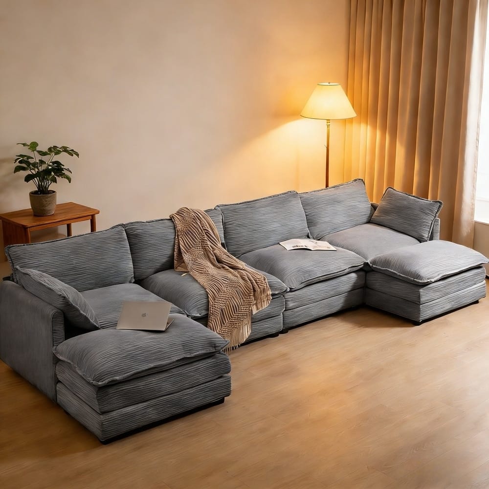 Oversized Modular Corduroy Sectional Sofa Set with Ottoman, 3-Seater / 4-Seater Deep Seat Lounge Couch for Living Room