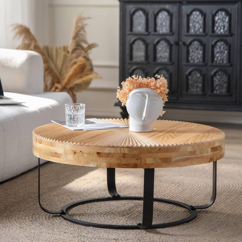 Modern Round Coffee Table Wooden Carving Pattern Coffee Table with Metal Legs, for Living Room Reception Room Office - Black