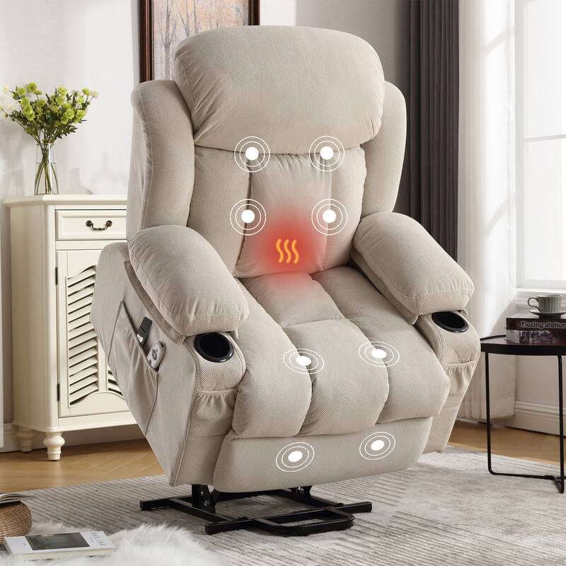 Power Lift Recliner Chair with Heat and Massage for Elderly with USB and Side Pockets - Beige