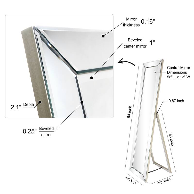 Modern Beveled Wall Mirror Rectangle Cheval, Bathroom, Bedroom, Living Room, Ready to Hang - Clear - 18 in. x 2.12 in. x 64 in.