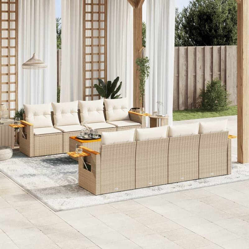 vidaXL Patio Sofa Set with Cushions Outdoor Furniture 9 Piece Poly Rattan - 21.7 x 21.7 x 14.6 in - Beige and cream