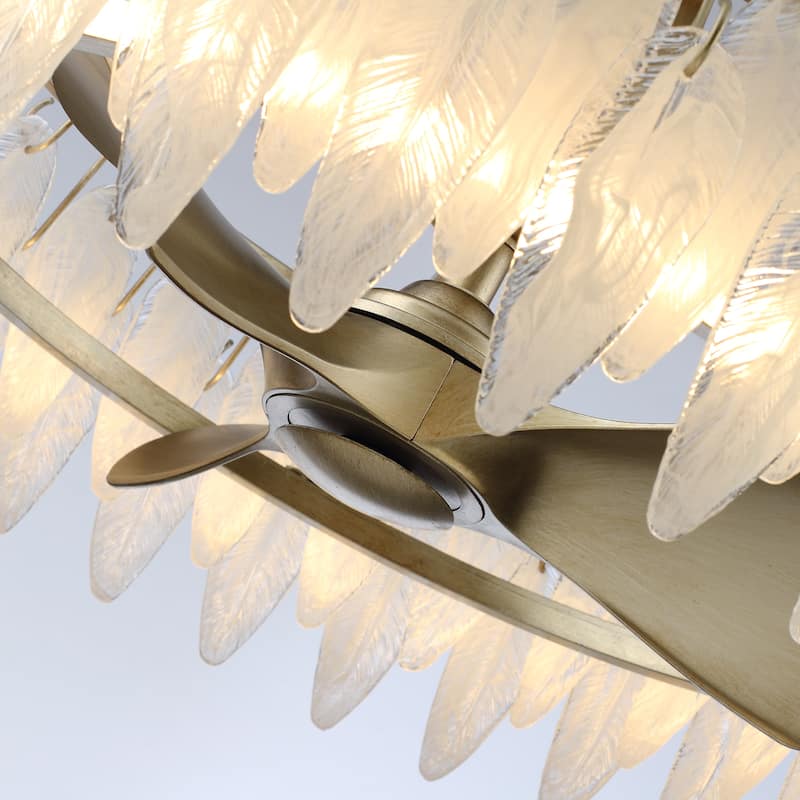 32" Rusted Silver Glass Feather 3-Blade Fandelier Caged Ceiling Fan with Light and Remote