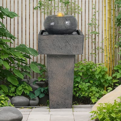 Christopher Knight Home - Aveline 25.59"H Minimalist Concrete Column Fountain LED-Lit Modern Outdoor Oasis